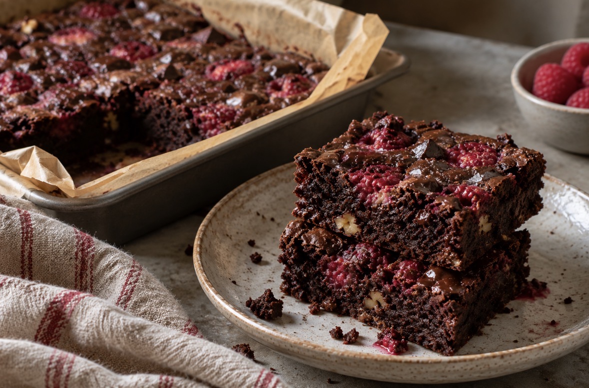 Raspberry and dark chocolate brownies stacked on a ceramic plate, with walnuts and jammy raspberries visible, beside a parchment-lined baking tin